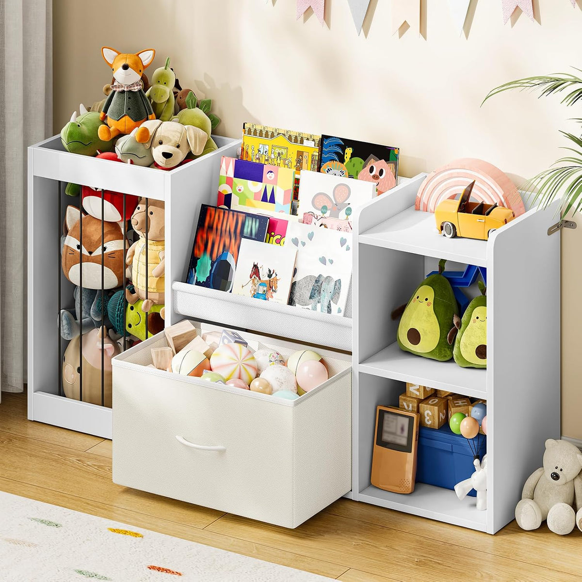2-in-1 Kids Bookshelf with Stuffed Animal Storage White