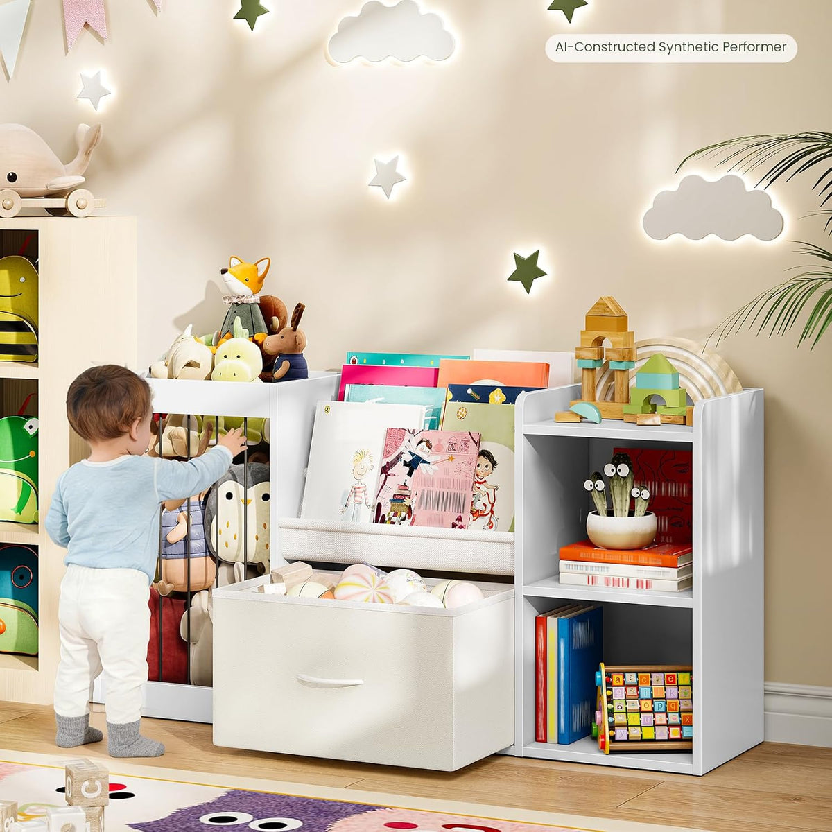 2-in-1 Kids Bookshelf with Stuffed Animal Storage White