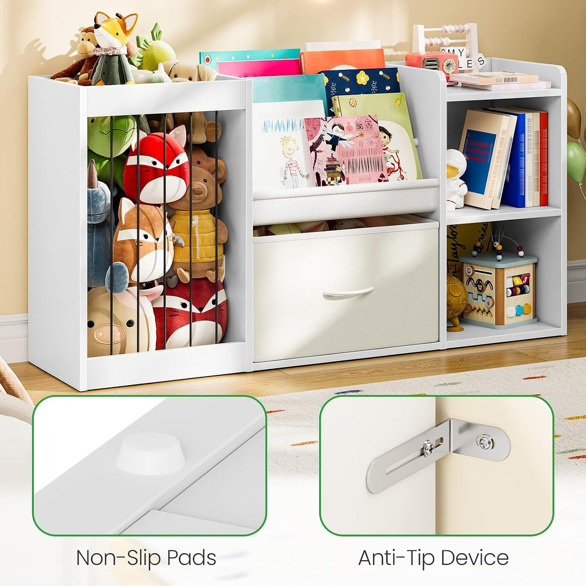2-in-1 Kids Bookshelf with Stuffed Animal Storage White