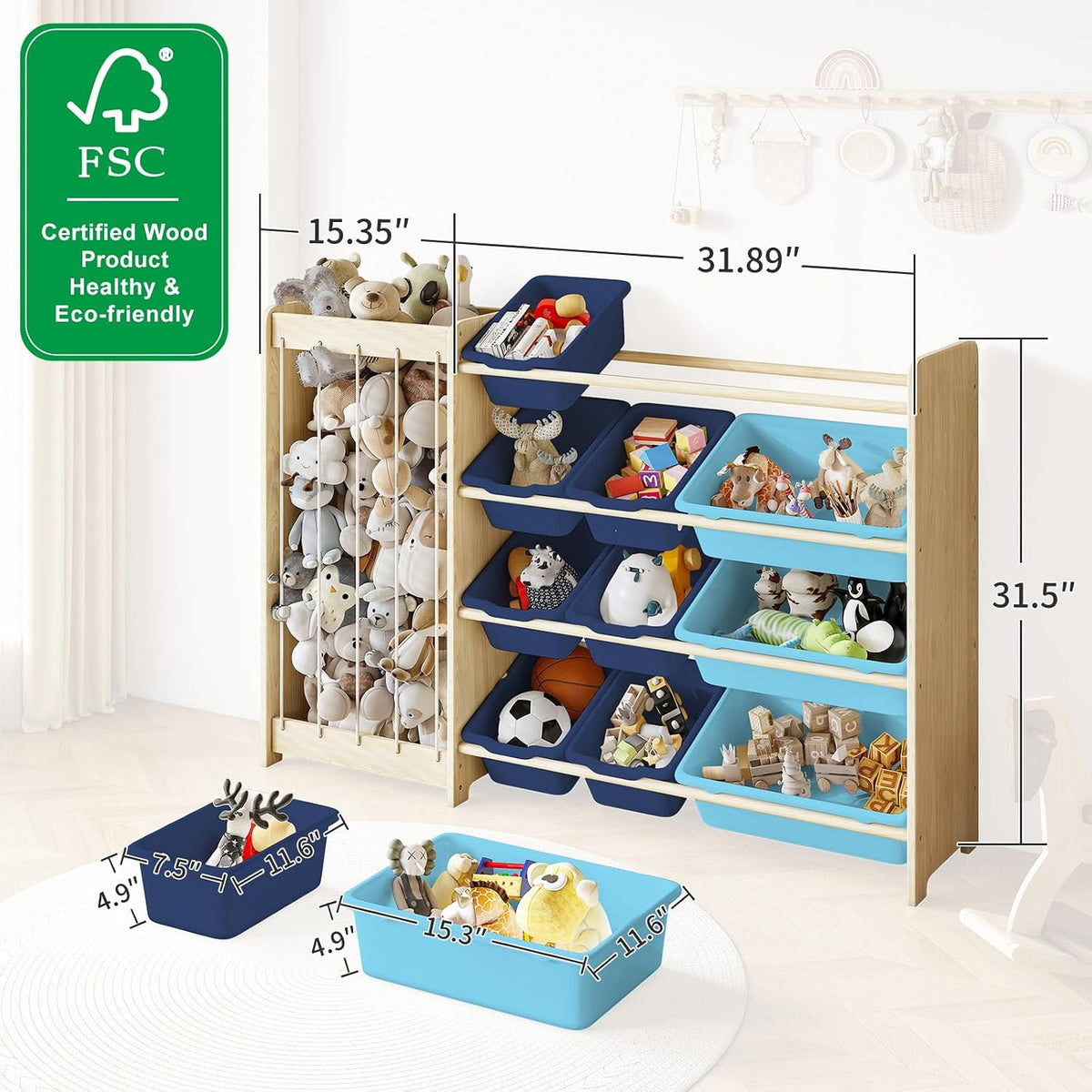 Kids Toy Storage Organizer, 2-in-1 Stuffed Animal Storage & Toy Organizer w/12 Bins, Solid Wood Toy Rack Featuring Thicker Elastic Ropes to Hold Toys, Playroom Nursery Bedroom Storage, White