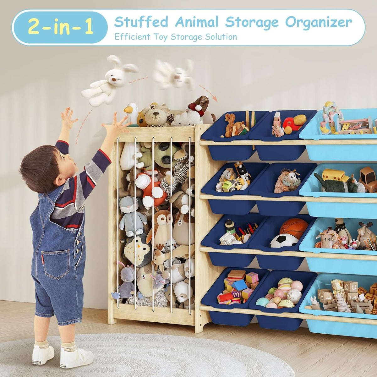 Kids Toy Storage Organizer, 2-in-1 Stuffed Animal Storage & Toy Organizer w/12 Bins, Solid Wood Toy Rack Featuring Thicker Elastic Ropes to Hold Toys, Playroom Nursery Bedroom Storage, White