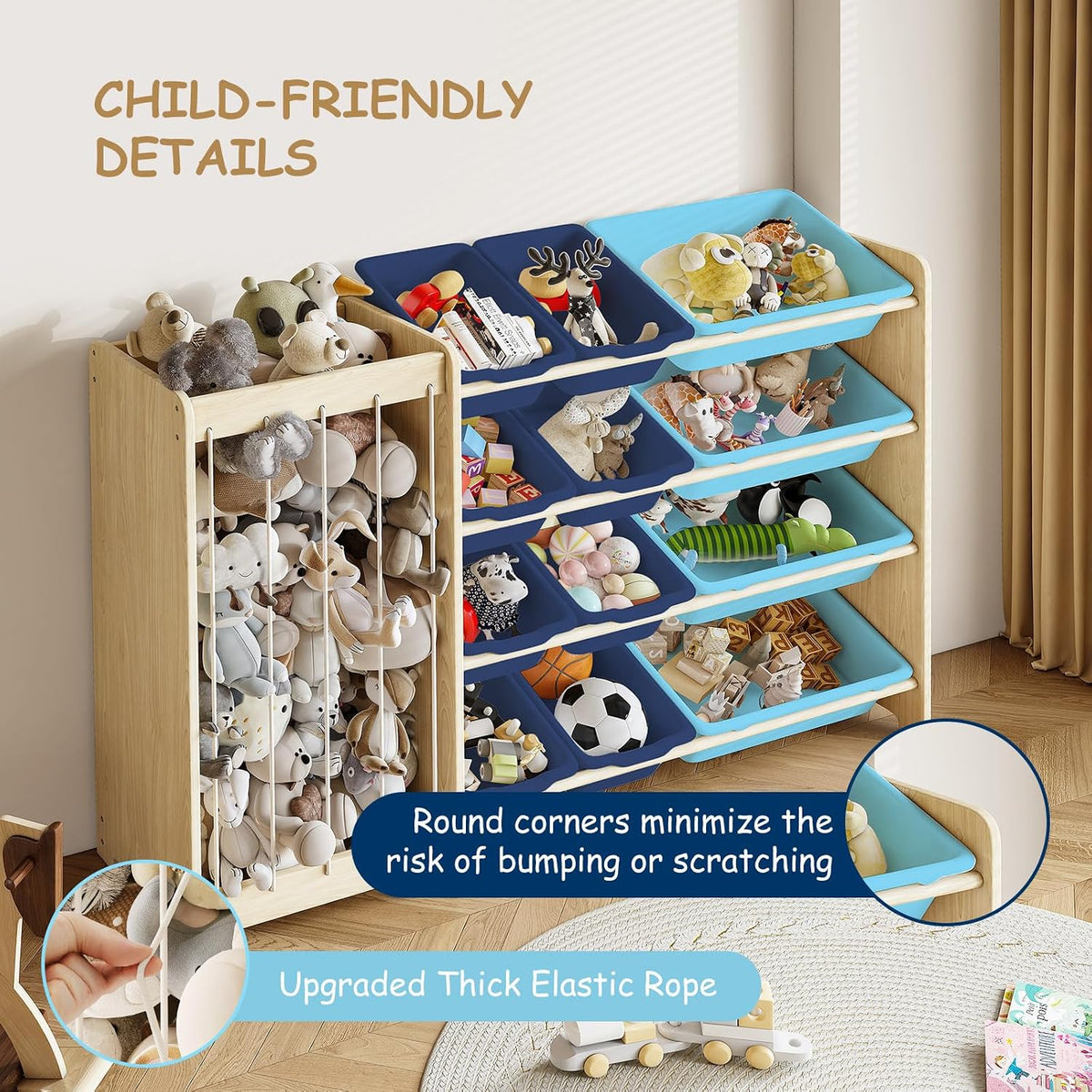 Kids Toy Storage Organizer, 2-in-1 Stuffed Animal Storage & Toy Organizer w/12 Bins, Solid Wood Toy Rack Featuring Thicker Elastic Ropes to Hold Toys, Playroom Nursery Bedroom Storage, White