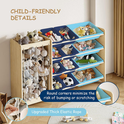 Kids Toy Storage Organizer, 2-in-1 Stuffed Animal Storage & Toy Organizer w/12 Bins, Solid Wood Toy Rack Featuring Thicker Elastic Ropes to Hold Toys, Playroom Nursery Bedroom Storage, White