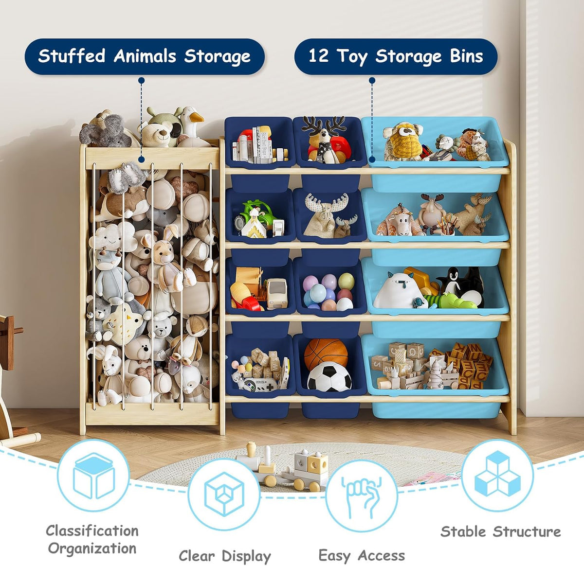 Kids Toy Storage Organizer, 2-in-1 Stuffed Animal Storage & Toy Organizer w/12 Bins, Solid Wood Toy Rack Featuring Thicker Elastic Ropes to Hold Toys, Playroom Nursery Bedroom Storage, White