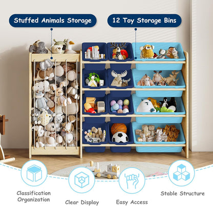 Kids Toy Storage Organizer, 2-in-1 Stuffed Animal Storage & Toy Organizer w/12 Bins, Solid Wood Toy Rack Featuring Thicker Elastic Ropes to Hold Toys, Playroom Nursery Bedroom Storage, White