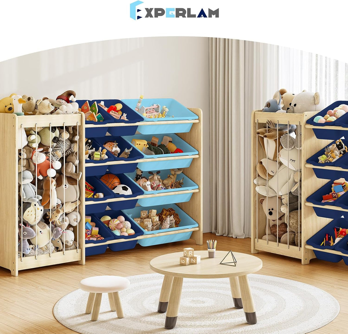 Kids Toy Storage Organizer, 2-in-1 Stuffed Animal Storage & Toy Organizer w/12 Bins, Solid Wood Toy Rack Featuring Thicker Elastic Ropes to Hold Toys, Playroom Nursery Bedroom Storage, White