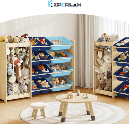 Kids Toy Storage Organizer, 2-in-1 Stuffed Animal Storage & Toy Organizer w/12 Bins, Solid Wood Toy Rack Featuring Thicker Elastic Ropes to Hold Toys, Playroom Nursery Bedroom Storage, White