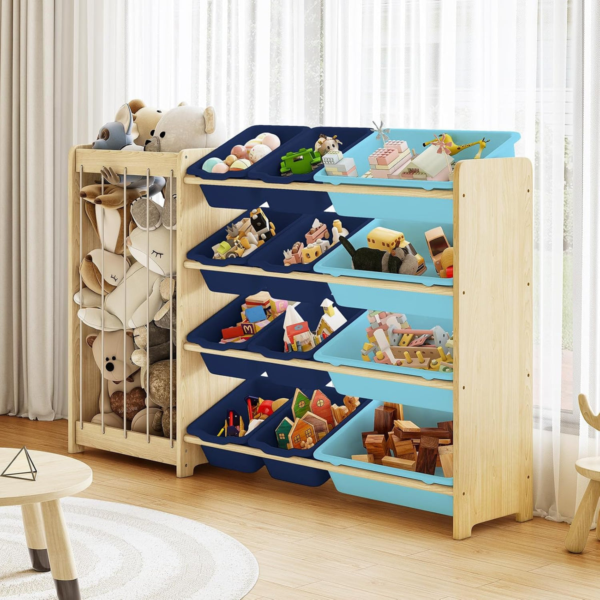Kids Toy Storage Organizer, 2-in-1 Stuffed Animal Storage & Toy Organizer w/12 Bins, Solid Wood Toy Rack Featuring Thicker Elastic Ropes to Hold Toys, Playroom Nursery Bedroom Storage, White