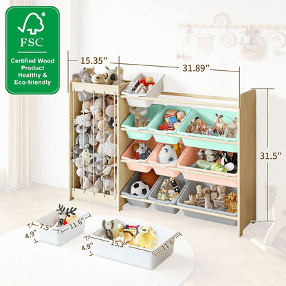 Kids Toy Storage Organizer, 2-in-1 Stuffed Animal Storage & Toy Organizer w/12 Bins, Solid Wood Toy Rack Featuring Thicker Elastic Ropes to Hold Toys, Playroom Nursery Bedroom Storage, White