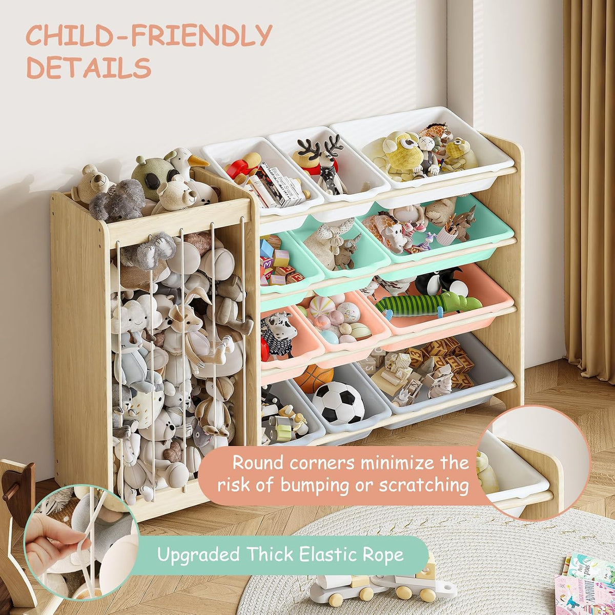 Kids Toy Storage Organizer, 2-in-1 Stuffed Animal Storage & Toy Organizer w/12 Bins, Solid Wood Toy Rack Featuring Thicker Elastic Ropes to Hold Toys, Playroom Nursery Bedroom Storage, White