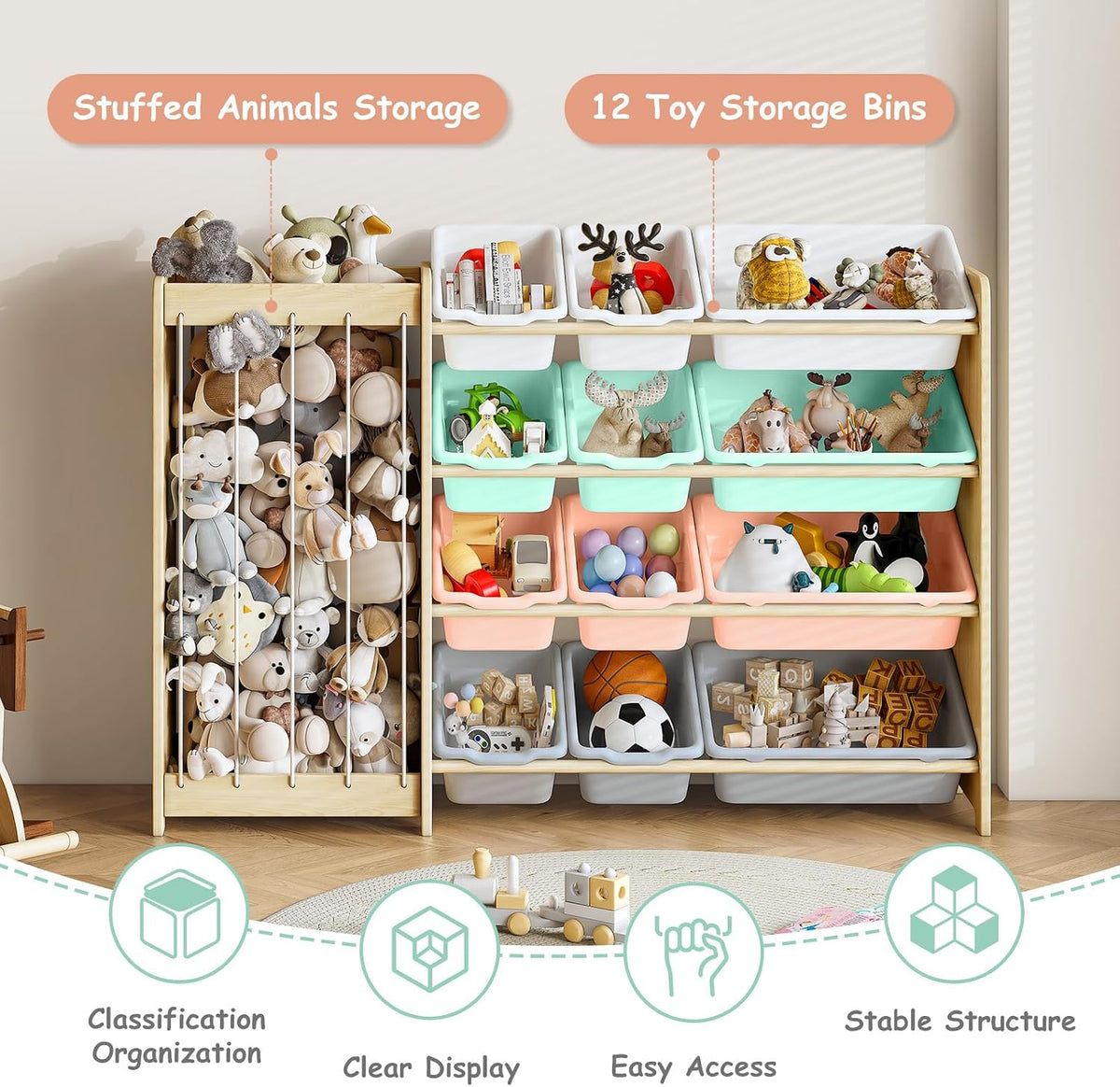 Kids Toy Storage Organizer, 2-in-1 Stuffed Animal Storage & Toy Organizer w/12 Bins, Solid Wood Toy Rack Featuring Thicker Elastic Ropes to Hold Toys, Playroom Nursery Bedroom Storage, White