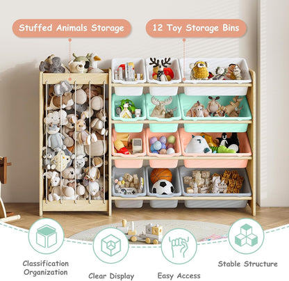 Kids Toy Storage Organizer, 2-in-1 Stuffed Animal Storage & Toy Organizer w/12 Bins, Solid Wood Toy Rack Featuring Thicker Elastic Ropes to Hold Toys, Playroom Nursery Bedroom Storage, White