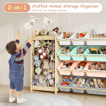Kids Toy Storage Organizer, 2-in-1 Stuffed Animal Storage & Toy Organizer w/12 Bins, Solid Wood Toy Rack Featuring Thicker Elastic Ropes to Hold Toys, Playroom Nursery Bedroom Storage, White