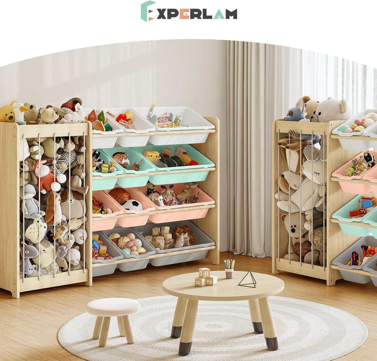 Kids Toy Storage Organizer, 2-in-1 Stuffed Animal Storage & Toy Organizer w/12 Bins, Solid Wood Toy Rack Featuring Thicker Elastic Ropes to Hold Toys, Playroom Nursery Bedroom Storage, White