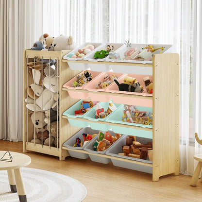 Kids Toy Storage Organizer, 2-in-1 Stuffed Animal Storage & Toy Organizer w/12 Bins, Solid Wood Toy Rack Featuring Thicker Elastic Ropes to Hold Toys, Playroom Nursery Bedroom Storage, White