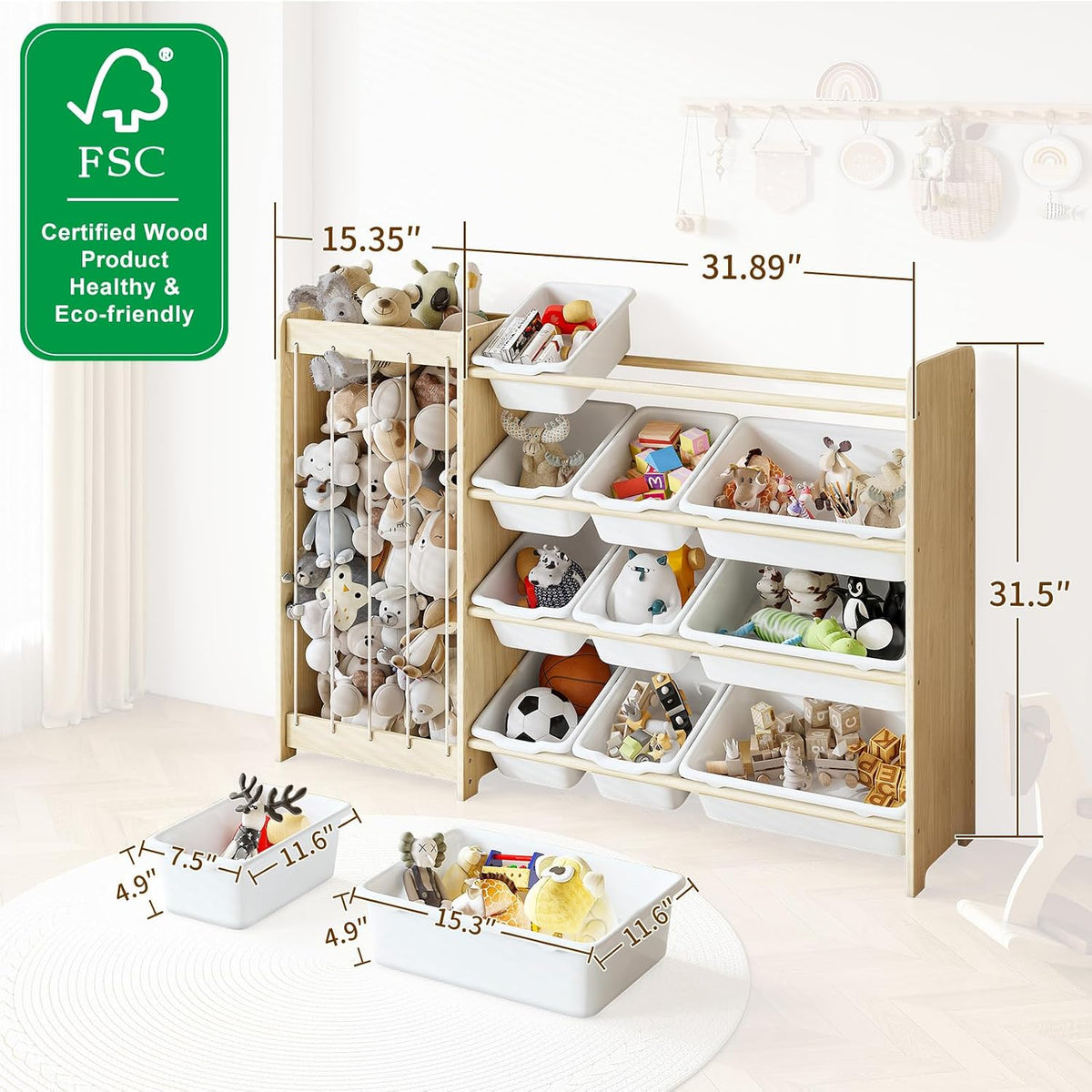 Kids Toy Storage Organizer, 2-in-1 Stuffed Animal Storage & Toy Organizer w/12 Bins, Solid Wood Toy Rack Featuring Thicker Elastic Ropes to Hold Toys, Playroom Nursery Bedroom Storage, White