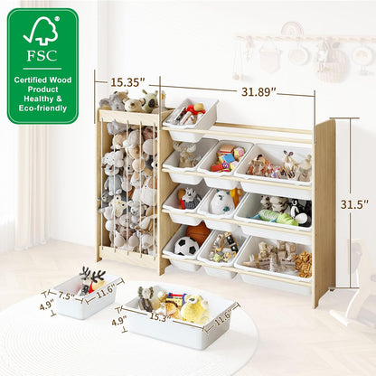 Kids Toy Storage Organizer, 2-in-1 Stuffed Animal Storage & Toy Organizer w/12 Bins, Solid Wood Toy Rack Featuring Thicker Elastic Ropes to Hold Toys, Playroom Nursery Bedroom Storage, White