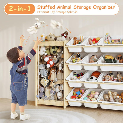 Kids Toy Storage Organizer, 2-in-1 Stuffed Animal Storage & Toy Organizer w/12 Bins, Solid Wood Toy Rack Featuring Thicker Elastic Ropes to Hold Toys, Playroom Nursery Bedroom Storage, White