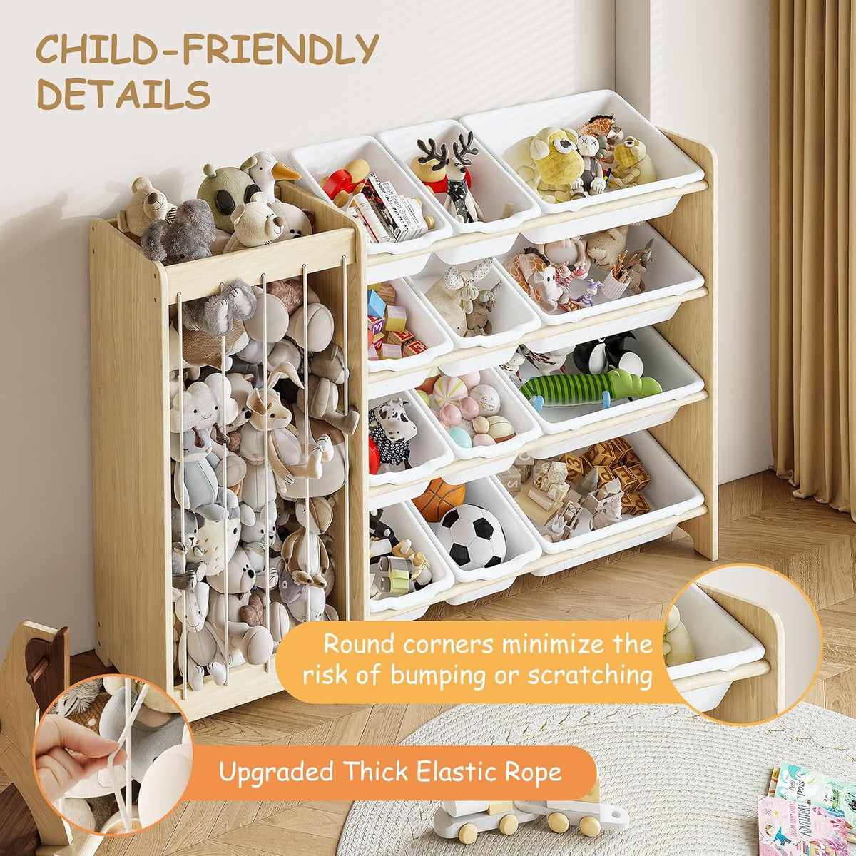 Kids Toy Storage Organizer, 2-in-1 Stuffed Animal Storage & Toy Organizer w/12 Bins, Solid Wood Toy Rack Featuring Thicker Elastic Ropes to Hold Toys, Playroom Nursery Bedroom Storage, White