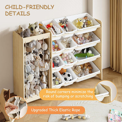 Kids Toy Storage Organizer, 2-in-1 Stuffed Animal Storage & Toy Organizer w/12 Bins, Solid Wood Toy Rack Featuring Thicker Elastic Ropes to Hold Toys, Playroom Nursery Bedroom Storage, White