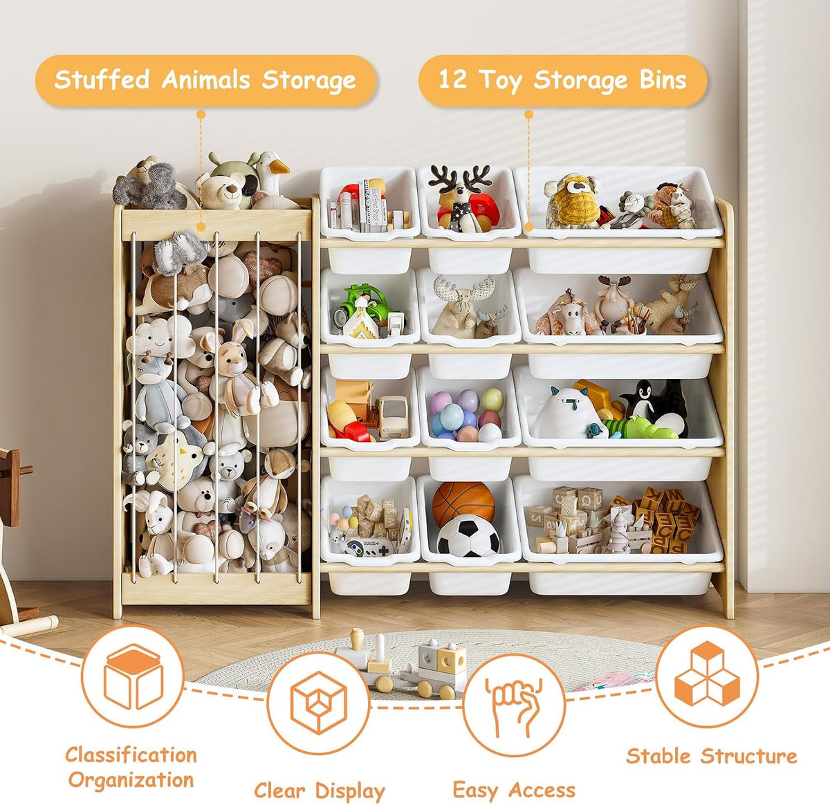 Kids Toy Storage Organizer, 2-in-1 Stuffed Animal Storage & Toy Organizer w/12 Bins, Solid Wood Toy Rack Featuring Thicker Elastic Ropes to Hold Toys, Playroom Nursery Bedroom Storage, White