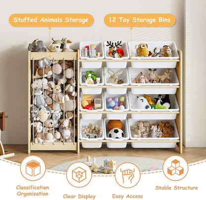 Kids Toy Storage Organizer, 2-in-1 Stuffed Animal Storage & Toy Organizer w/12 Bins, Solid Wood Toy Rack Featuring Thicker Elastic Ropes to Hold Toys, Playroom Nursery Bedroom Storage, White