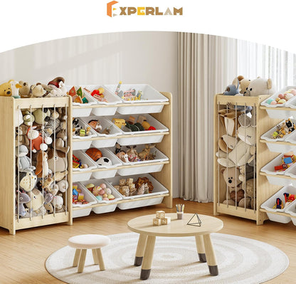 Kids Toy Storage Organizer, 2-in-1 Stuffed Animal Storage & Toy Organizer w/12 Bins, Solid Wood Toy Rack Featuring Thicker Elastic Ropes to Hold Toys, Playroom Nursery Bedroom Storage, White