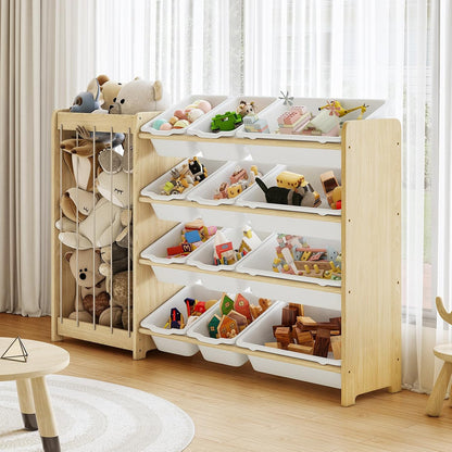 Kids Toy Storage Organizer, 2-in-1 Stuffed Animal Storage & Toy Organizer w/12 Bins, Solid Wood Toy Rack Featuring Thicker Elastic Ropes to Hold Toys, Playroom Nursery Bedroom Storage, White