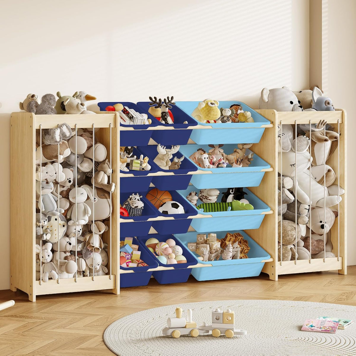 Kids Toy Storage Organizer, 2-in-1 Stuffed Animal Storage & Toy Organizer w/12 Bins, Solid Wood Toy Rack Featuring Thicker Elastic Ropes to Hold Toys, Playroom Nursery Bedroom Storage, White