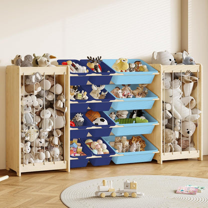Kids Toy Storage Organizer, 2-in-1 Stuffed Animal Storage & Toy Organizer w/12 Bins, Solid Wood Toy Rack Featuring Thicker Elastic Ropes to Hold Toys, Playroom Nursery Bedroom Storage, White