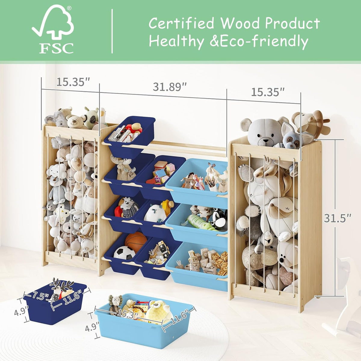 Kids Toy Storage Organizer, 2-in-1 Stuffed Animal Storage & Toy Organizer w/12 Bins, Solid Wood Toy Rack Featuring Thicker Elastic Ropes to Hold Toys, Playroom Nursery Bedroom Storage, White