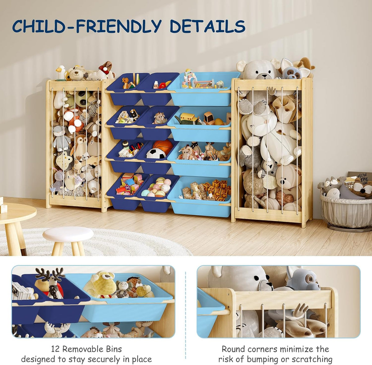 Kids Toy Storage Organizer, 2-in-1 Stuffed Animal Storage & Toy Organizer w/12 Bins, Solid Wood Toy Rack Featuring Thicker Elastic Ropes to Hold Toys, Playroom Nursery Bedroom Storage, White
