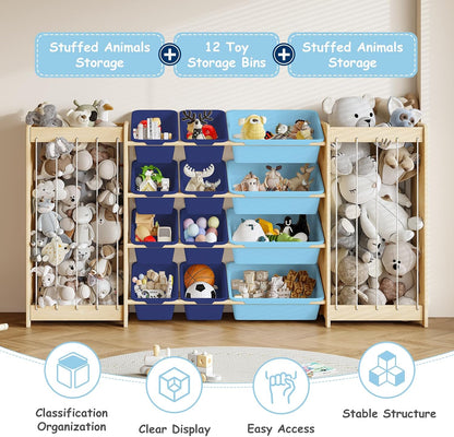 Kids Toy Storage Organizer, 2-in-1 Stuffed Animal Storage & Toy Organizer w/12 Bins, Solid Wood Toy Rack Featuring Thicker Elastic Ropes to Hold Toys, Playroom Nursery Bedroom Storage, White