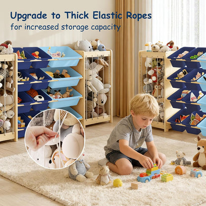 Kids Toy Storage Organizer, 2-in-1 Stuffed Animal Storage & Toy Organizer w/12 Bins, Solid Wood Toy Rack Featuring Thicker Elastic Ropes to Hold Toys, Playroom Nursery Bedroom Storage, White