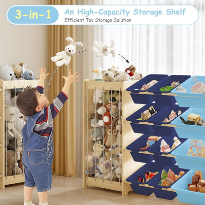 Kids Toy Storage Organizer, 2-in-1 Stuffed Animal Storage & Toy Organizer w/12 Bins, Solid Wood Toy Rack Featuring Thicker Elastic Ropes to Hold Toys, Playroom Nursery Bedroom Storage, White