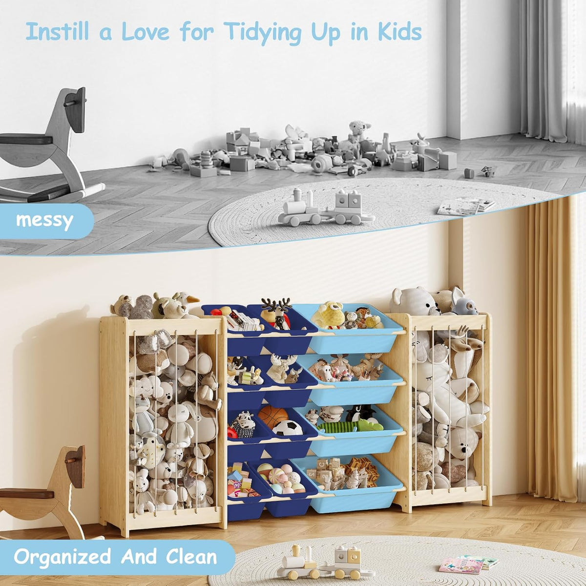 Kids Toy Storage Organizer, 2-in-1 Stuffed Animal Storage & Toy Organizer w/12 Bins, Solid Wood Toy Rack Featuring Thicker Elastic Ropes to Hold Toys, Playroom Nursery Bedroom Storage, White