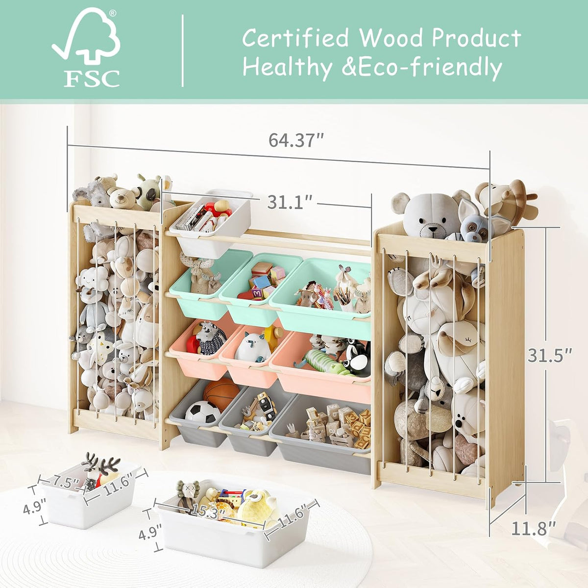 Kids Toy Storage Organizer, 2-in-1 Stuffed Animal Storage & Toy Organizer w/12 Bins, Solid Wood Toy Rack Featuring Thicker Elastic Ropes to Hold Toys, Playroom Nursery Bedroom Storage, White