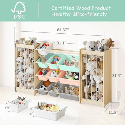 Kids Toy Storage Organizer, 2-in-1 Stuffed Animal Storage & Toy Organizer w/12 Bins, Solid Wood Toy Rack Featuring Thicker Elastic Ropes to Hold Toys, Playroom Nursery Bedroom Storage, White