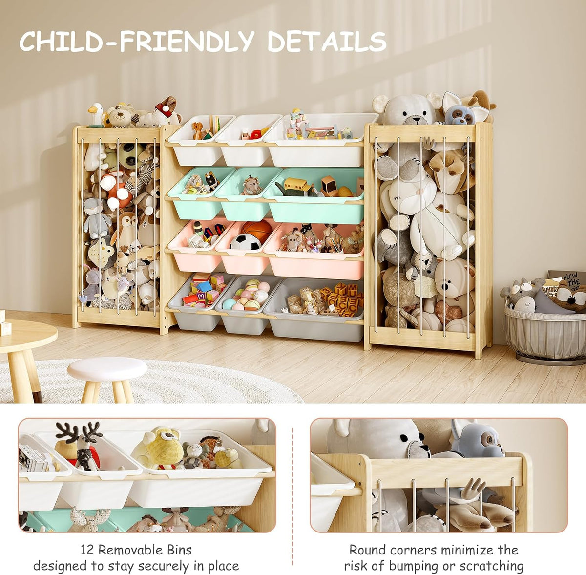Kids Toy Storage Organizer, 2-in-1 Stuffed Animal Storage & Toy Organizer w/12 Bins, Solid Wood Toy Rack Featuring Thicker Elastic Ropes to Hold Toys, Playroom Nursery Bedroom Storage, White