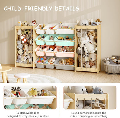 Kids Toy Storage Organizer, 2-in-1 Stuffed Animal Storage & Toy Organizer w/12 Bins, Solid Wood Toy Rack Featuring Thicker Elastic Ropes to Hold Toys, Playroom Nursery Bedroom Storage, White