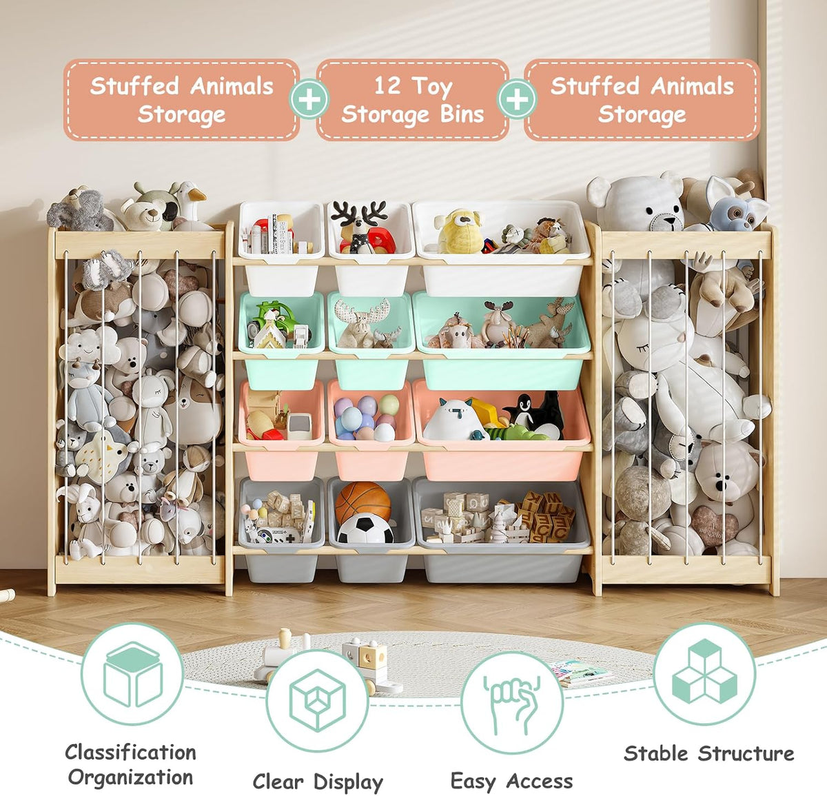Kids Toy Storage Organizer, 2-in-1 Stuffed Animal Storage & Toy Organizer w/12 Bins, Solid Wood Toy Rack Featuring Thicker Elastic Ropes to Hold Toys, Playroom Nursery Bedroom Storage, White