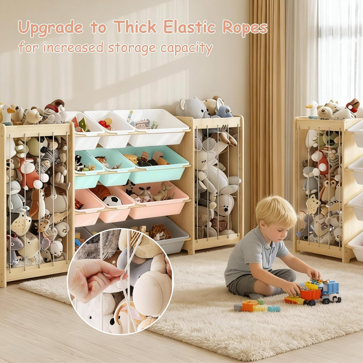 Kids Toy Storage Organizer, 2-in-1 Stuffed Animal Storage & Toy Organizer w/12 Bins, Solid Wood Toy Rack Featuring Thicker Elastic Ropes to Hold Toys, Playroom Nursery Bedroom Storage, White