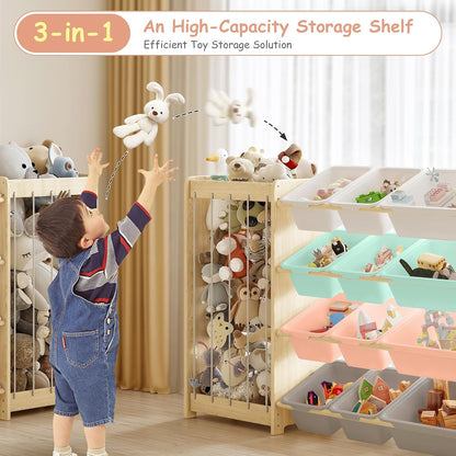 Kids Toy Storage Organizer, 2-in-1 Stuffed Animal Storage & Toy Organizer w/12 Bins, Solid Wood Toy Rack Featuring Thicker Elastic Ropes to Hold Toys, Playroom Nursery Bedroom Storage, White