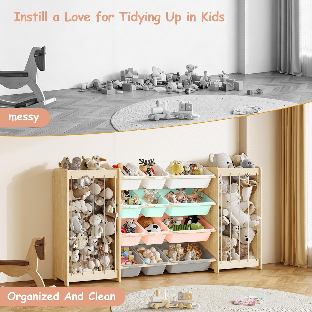 Kids Toy Storage Organizer, 2-in-1 Stuffed Animal Storage & Toy Organizer w/12 Bins, Solid Wood Toy Rack Featuring Thicker Elastic Ropes to Hold Toys, Playroom Nursery Bedroom Storage, White