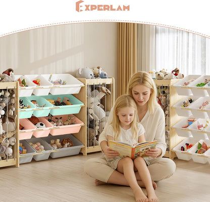 Kids Toy Storage Organizer, 2-in-1 Stuffed Animal Storage & Toy Organizer w/12 Bins, Solid Wood Toy Rack Featuring Thicker Elastic Ropes to Hold Toys, Playroom Nursery Bedroom Storage, White