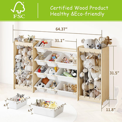 Kids Toy Storage Organizer, 2-in-1 Stuffed Animal Storage & Toy Organizer w/12 Bins, Solid Wood Toy Rack Featuring Thicker Elastic Ropes to Hold Toys, Playroom Nursery Bedroom Storage, White