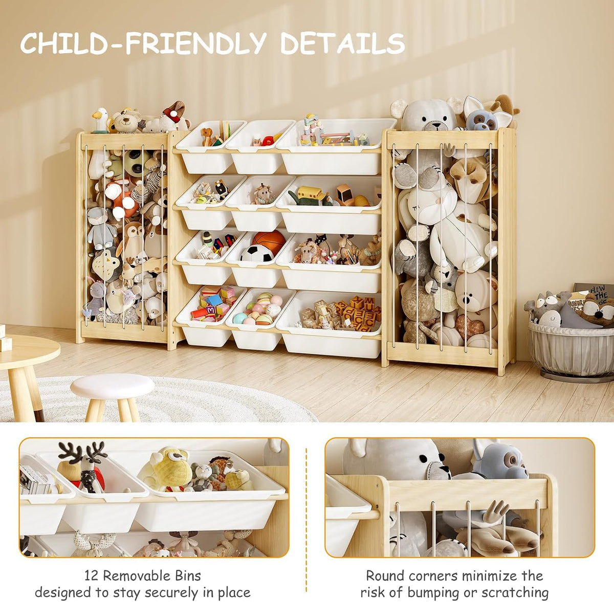 Kids Toy Storage Organizer, 2-in-1 Stuffed Animal Storage & Toy Organizer w/12 Bins, Solid Wood Toy Rack Featuring Thicker Elastic Ropes to Hold Toys, Playroom Nursery Bedroom Storage, White