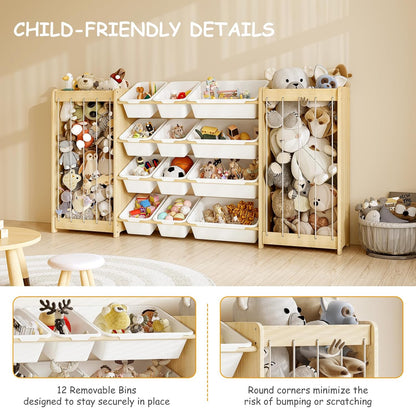 Kids Toy Storage Organizer, 2-in-1 Stuffed Animal Storage & Toy Organizer w/12 Bins, Solid Wood Toy Rack Featuring Thicker Elastic Ropes to Hold Toys, Playroom Nursery Bedroom Storage, White