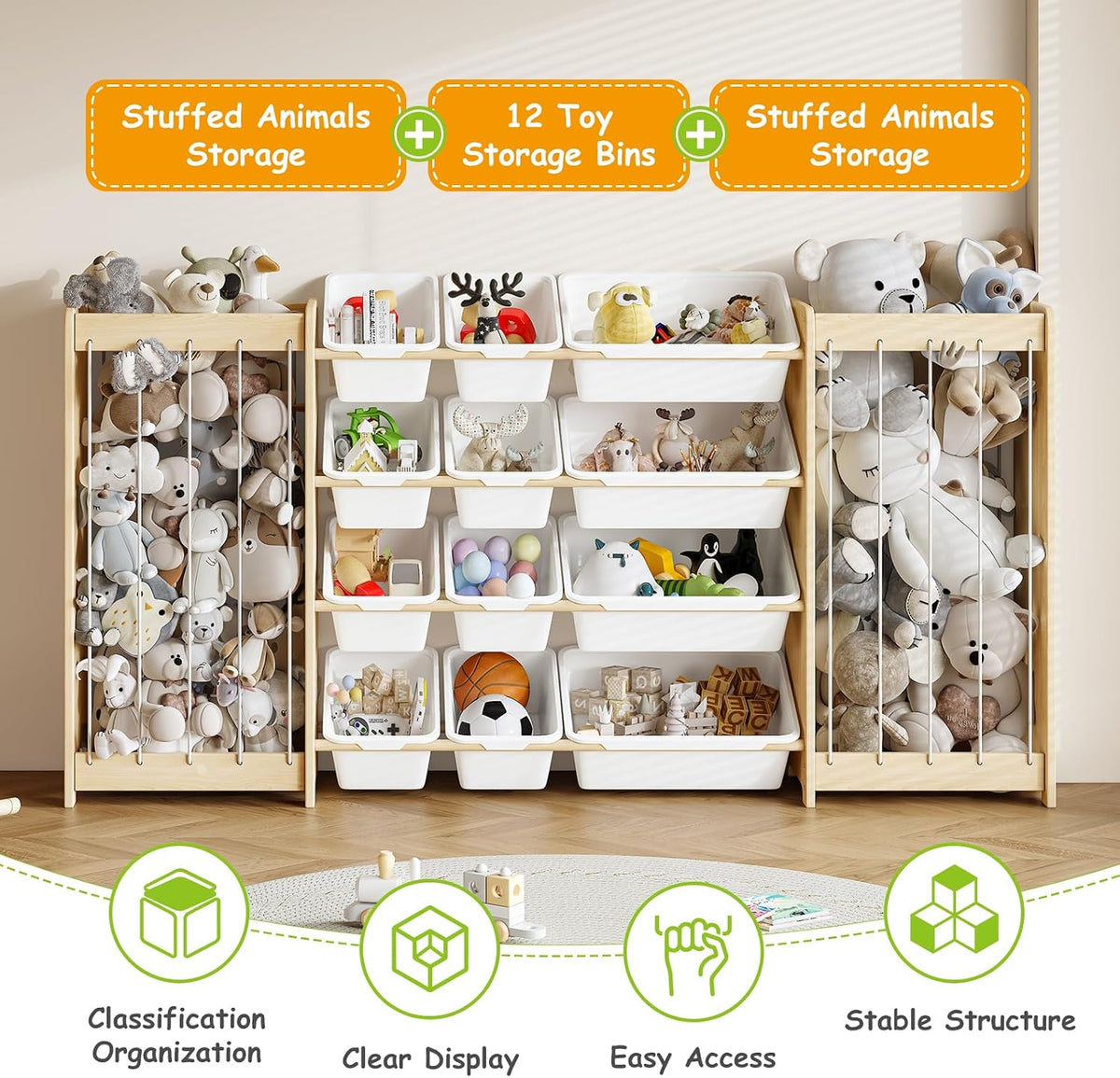 Kids Toy Storage Organizer, 2-in-1 Stuffed Animal Storage & Toy Organizer w/12 Bins, Solid Wood Toy Rack Featuring Thicker Elastic Ropes to Hold Toys, Playroom Nursery Bedroom Storage, White