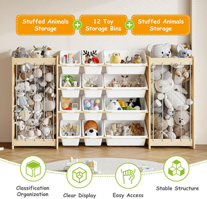 Kids Toy Storage Organizer, 2-in-1 Stuffed Animal Storage & Toy Organizer w/12 Bins, Solid Wood Toy Rack Featuring Thicker Elastic Ropes to Hold Toys, Playroom Nursery Bedroom Storage, White